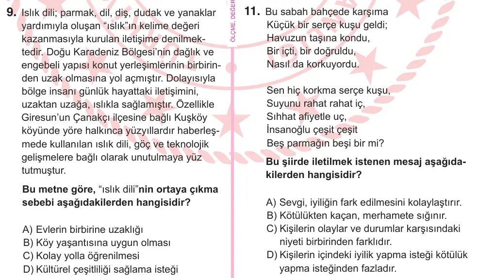 5. Sınıf Türkçe 2026 İOKBS Bursluluk Sınavı 9. Soru görseli