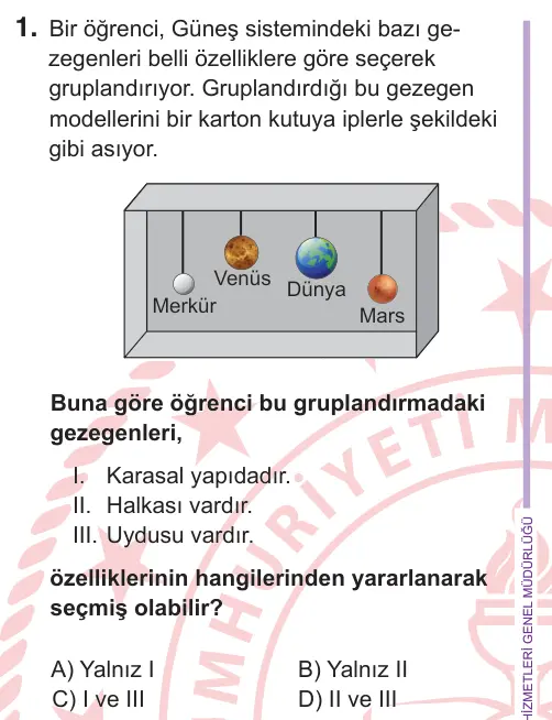 6. Sınıf Fen Bilimleri 2026 İOKBS Bursluluk Sınavı 1. Soru görseli