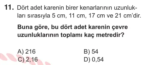 6. Sınıf Matematik 2026 İOKBS Bursluluk Sınavı 11. Soru görseli