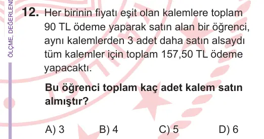 6. Sınıf Matematik 2026 İOKBS Bursluluk Sınavı 12. Soru görseli