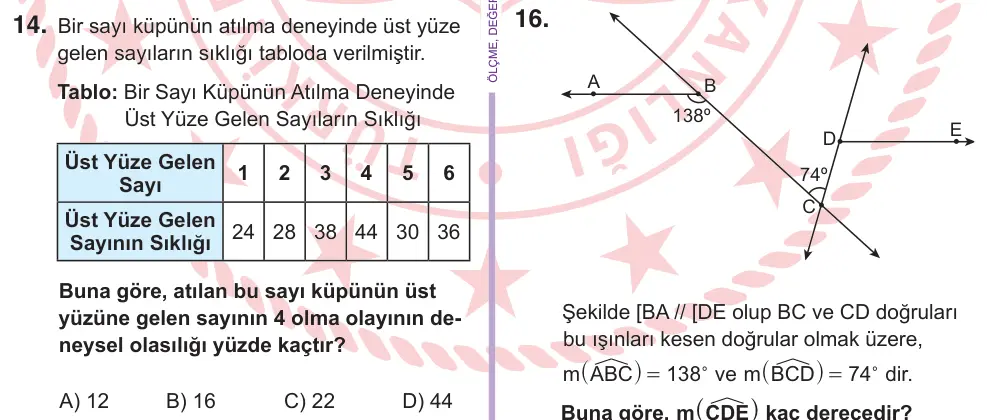 6. Sınıf Matematik 2026 İOKBS Bursluluk Sınavı 14. Soru görseli