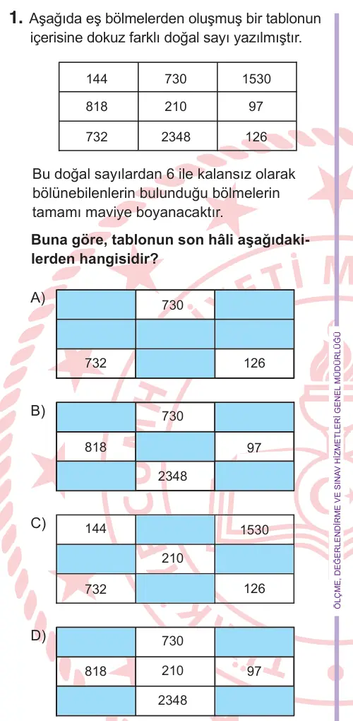 6. Sınıf Matematik 2026 İOKBS Bursluluk Sınavı 1. Soru görseli