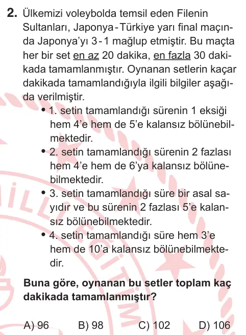 6. Sınıf Matematik 2026 İOKBS Bursluluk Sınavı 2. Soru görseli
