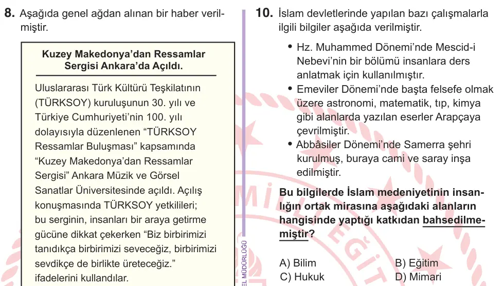6. Sınıf Sosyal Bilgiler 2026 İOKBS Bursluluk Sınavı 10. Soru görseli