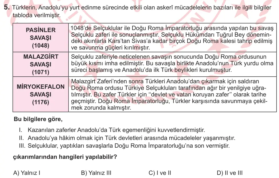 6. Sınıf Sosyal Bilgiler 2026 İOKBS Bursluluk Sınavı 5. Soru görseli (1/2)