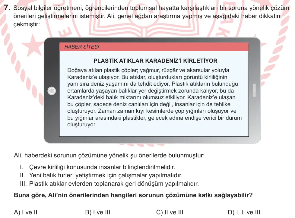 6. Sınıf Sosyal Bilgiler 2026 İOKBS Bursluluk Sınavı 7. Soru görseli