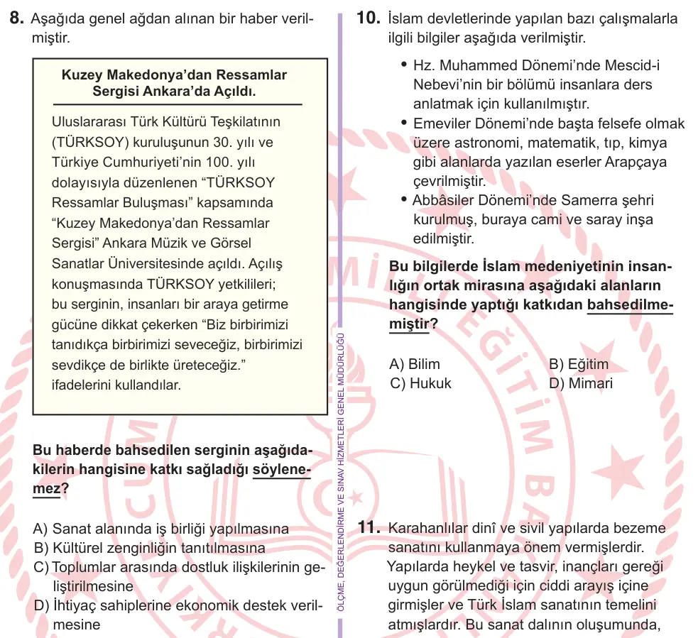 6. Sınıf Sosyal Bilgiler 2026 İOKBS Bursluluk Sınavı 8. Soru görseli