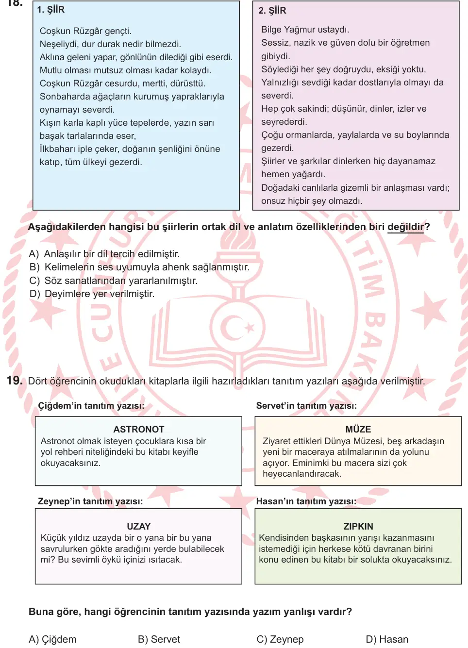 6. Sınıf Türkçe 2026 İOKBS Bursluluk Sınavı 19. Soru görseli