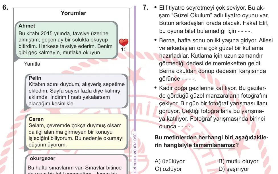 6. Sınıf Türkçe 2026 İOKBS Bursluluk Sınavı 7. Soru görseli