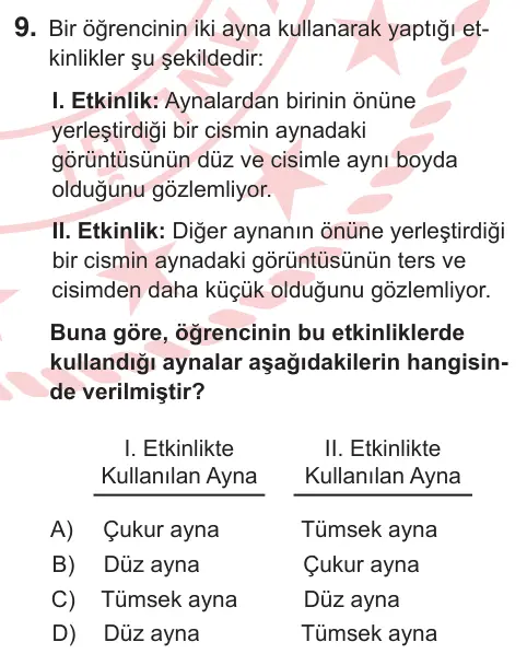 7. Sınıf Fen Bilimleri 2026 İOKBS Bursluluk Sınavı 9. Soru görseli