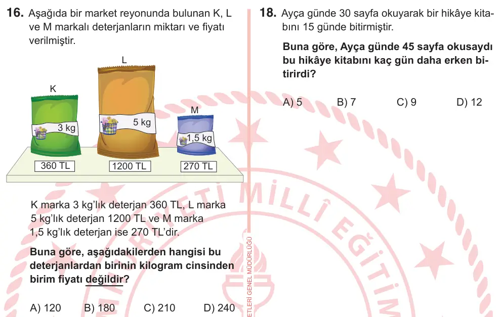 7. Sınıf Matematik 2026 İOKBS Bursluluk Sınavı 16. Soru görseli