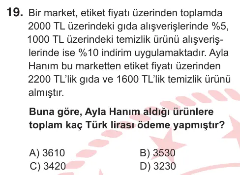 7. Sınıf Matematik 2026 İOKBS Bursluluk Sınavı 19. Soru görseli