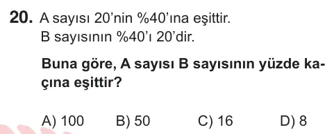 7. Sınıf Matematik 2026 İOKBS Bursluluk Sınavı 20. Soru görseli