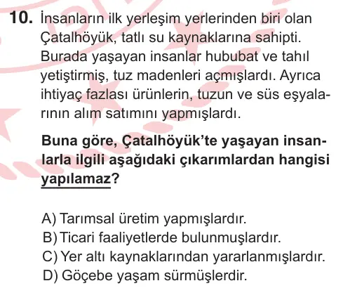7. Sınıf Sosyal Bilgiler 2026 İOKBS Bursluluk Sınavı 10. Soru görseli