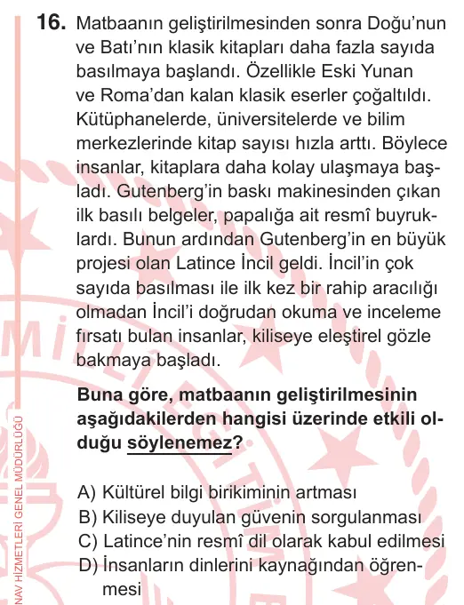 7. Sınıf Sosyal Bilgiler 2026 İOKBS Bursluluk Sınavı 16. Soru görseli (1/2)