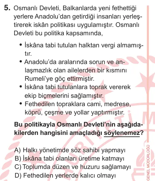 7. Sınıf Sosyal Bilgiler 2026 İOKBS Bursluluk Sınavı 5. Soru görseli