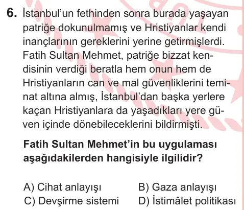 7. Sınıf Sosyal Bilgiler 2026 İOKBS Bursluluk Sınavı 6. Soru görseli