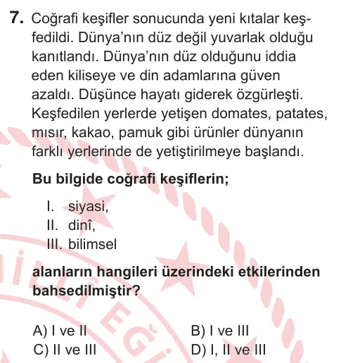 7. Sınıf Sosyal Bilgiler 2026 İOKBS Bursluluk Sınavı 7. Soru görseli