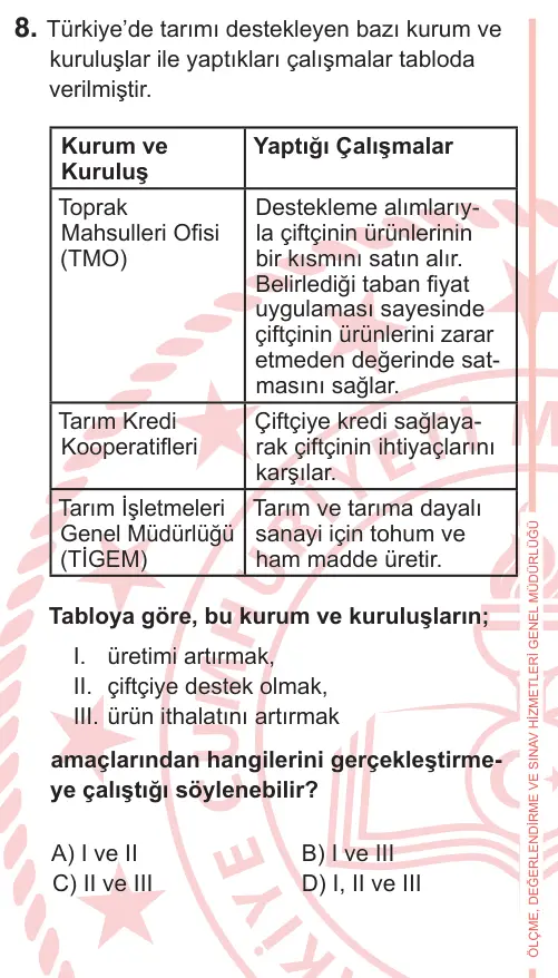 7. Sınıf Sosyal Bilgiler 2026 İOKBS Bursluluk Sınavı 8. Soru görseli