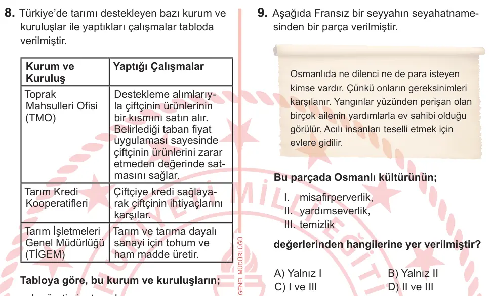 7. Sınıf Sosyal Bilgiler 2026 İOKBS Bursluluk Sınavı 9. Soru görseli