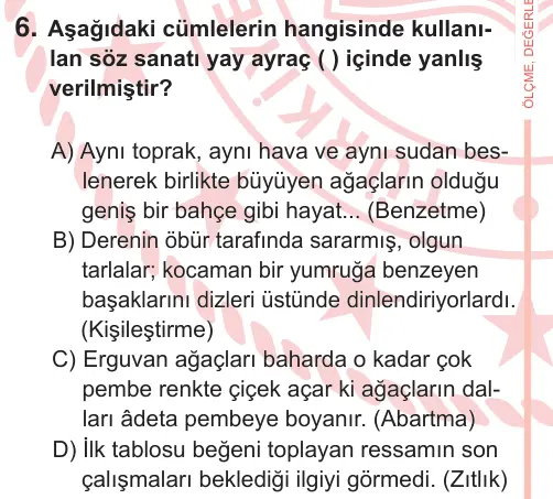 7. Sınıf Türkçe 2026 İOKBS Bursluluk Sınavı 6. Soru görseli