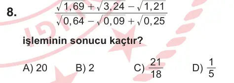 8. Sınıf Matematik 2026 İOKBS Bursluluk Sınavı 8. Soru görseli