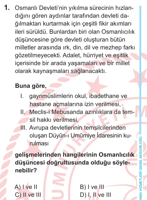 8. Sınıf Sosyal Bilgiler 2026 İOKBS Bursluluk Sınavı 1. Soru görseli