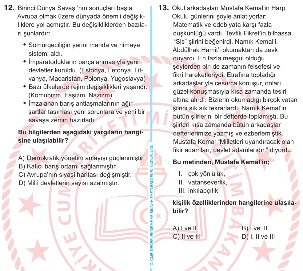 8. Sınıf Sosyal Bilgiler 2026 İOKBS Bursluluk Sınavı 20. Soru görseli (2/6)