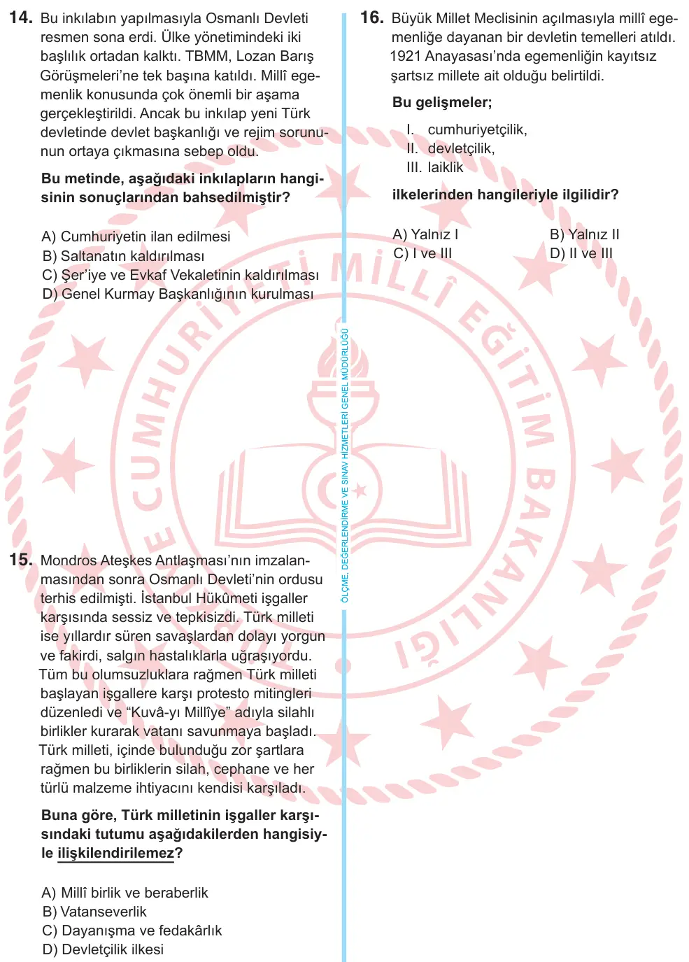 8. Sınıf Sosyal Bilgiler 2026 İOKBS Bursluluk Sınavı 20. Soru görseli (3/6)