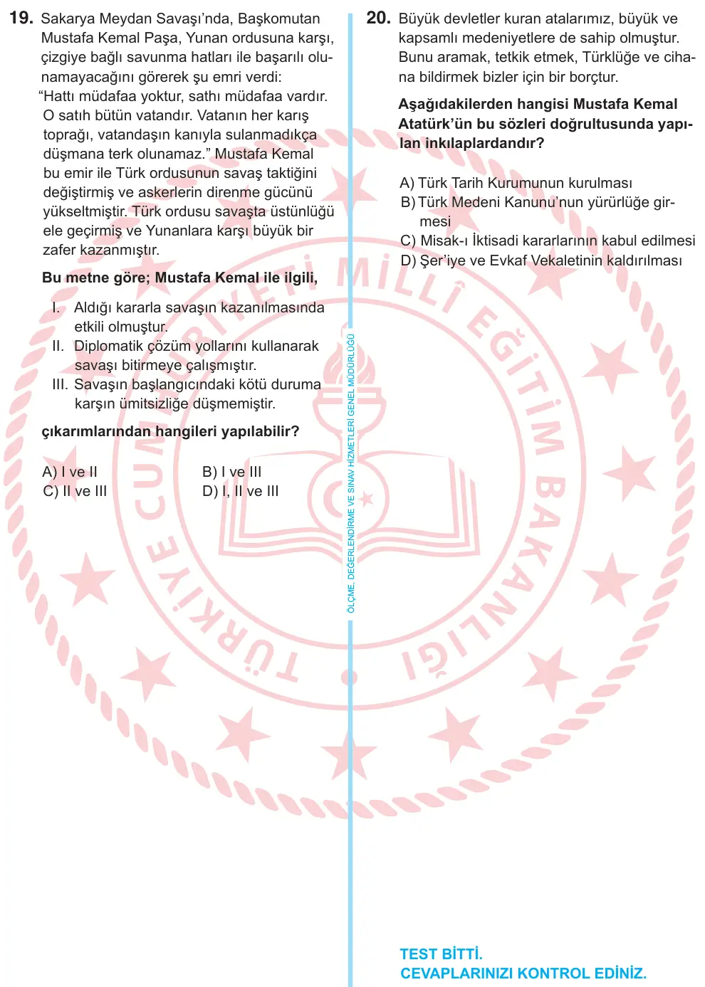 8. Sınıf Sosyal Bilgiler 2026 İOKBS Bursluluk Sınavı 20. Soru görseli (5/6)