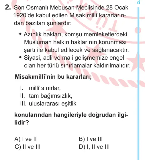 8. Sınıf Sosyal Bilgiler 2026 İOKBS Bursluluk Sınavı 2. Soru görseli