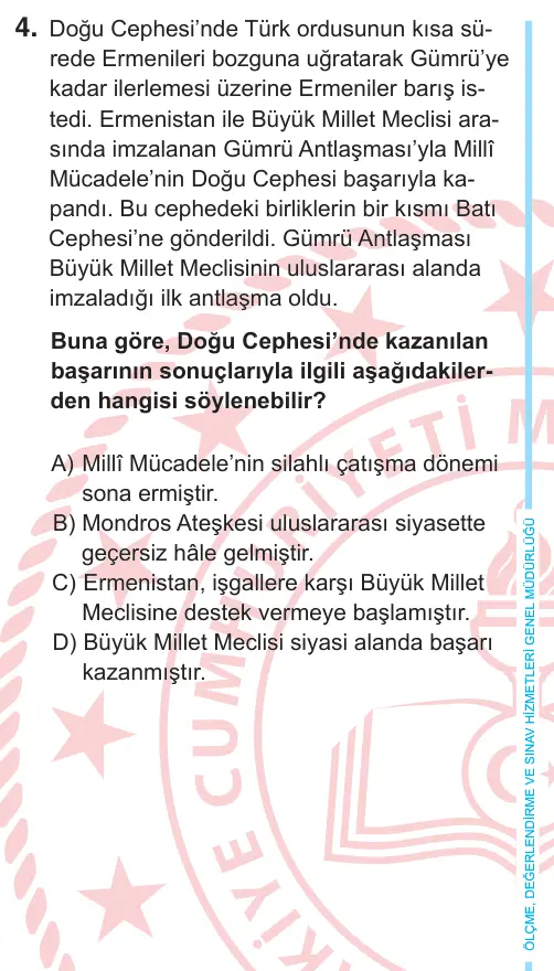 8. Sınıf Sosyal Bilgiler 2026 İOKBS Bursluluk Sınavı 4. Soru görseli