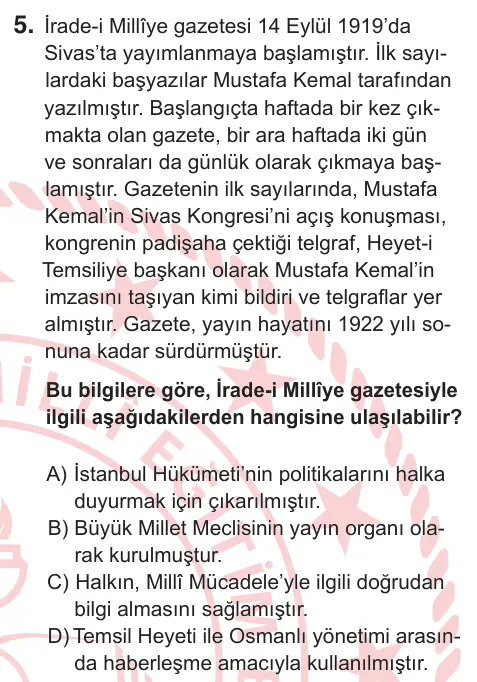 8. Sınıf Sosyal Bilgiler 2026 İOKBS Bursluluk Sınavı 5. Soru görseli