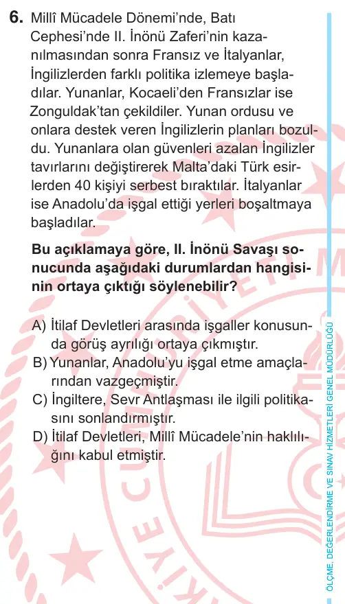 8. Sınıf Sosyal Bilgiler 2026 İOKBS Bursluluk Sınavı 6. Soru görseli