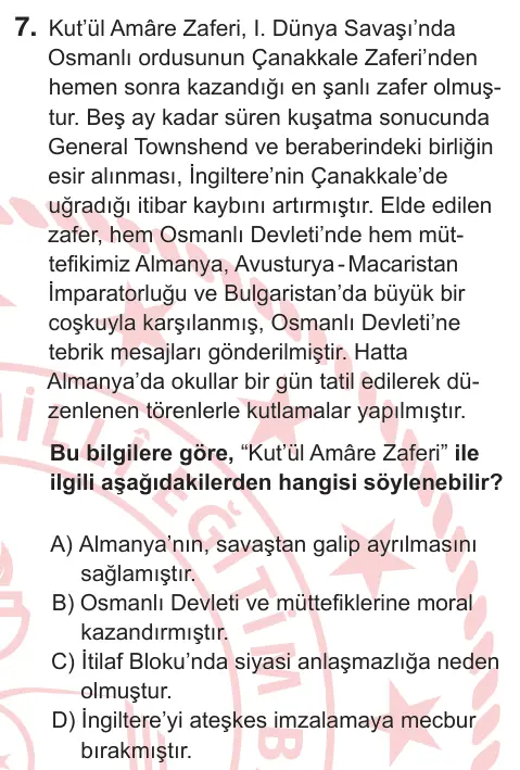 8. Sınıf Sosyal Bilgiler 2026 İOKBS Bursluluk Sınavı 7. Soru görseli