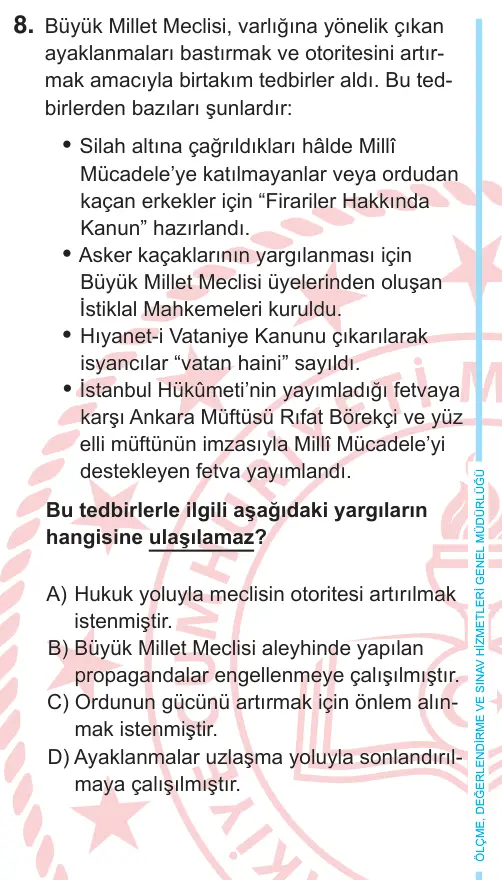 8. Sınıf Sosyal Bilgiler 2026 İOKBS Bursluluk Sınavı 8. Soru görseli