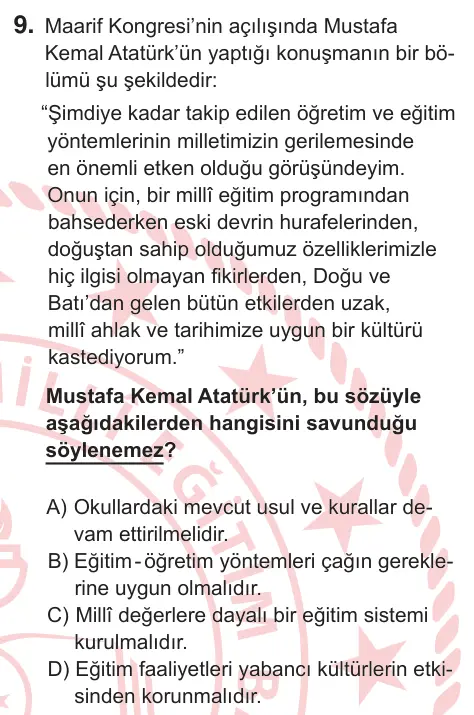 8. Sınıf Sosyal Bilgiler 2026 İOKBS Bursluluk Sınavı 9. Soru görseli