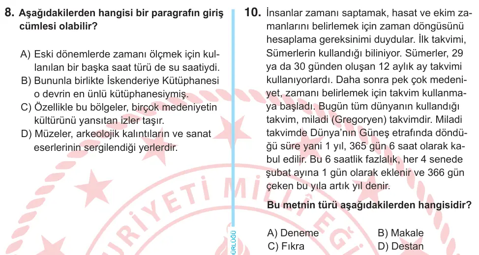 8. Sınıf Türkçe 2026 İOKBS Bursluluk Sınavı 10. Soru görseli