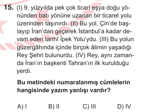 8. Sınıf Türkçe 2026 İOKBS Bursluluk Sınavı 15. Soru görseli