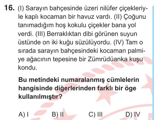 8. Sınıf Türkçe 2026 İOKBS Bursluluk Sınavı 16. Soru görseli