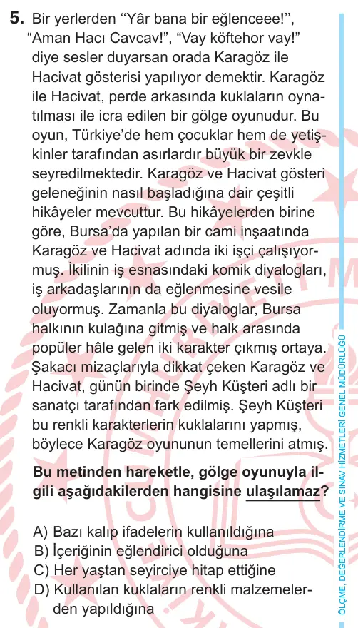 8. Sınıf Türkçe 2026 İOKBS Bursluluk Sınavı 5. Soru görseli