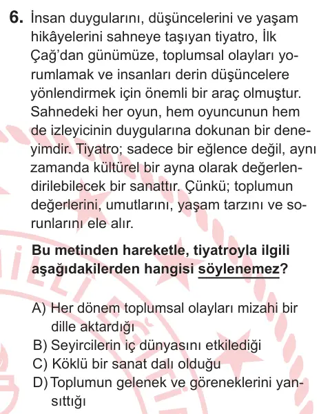 8. Sınıf Türkçe 2026 İOKBS Bursluluk Sınavı 6. Soru görseli