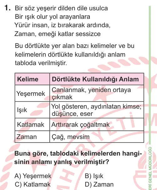 9, 10. Sınıf Türk Dili ve Edebiyatı 2026 İOKBS Bursluluk Sınavı 1. Soru görseli