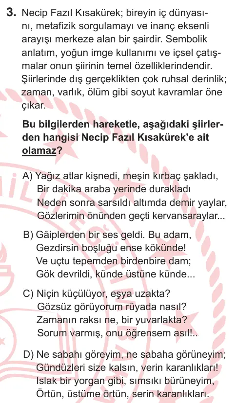 9, 10. Sınıf Türk Dili ve Edebiyatı 2026 İOKBS Bursluluk Sınavı 3. Soru görseli