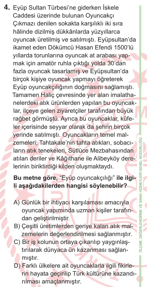 9, 10. Sınıf Türk Dili ve Edebiyatı 2026 İOKBS Bursluluk Sınavı 4. Soru görseli