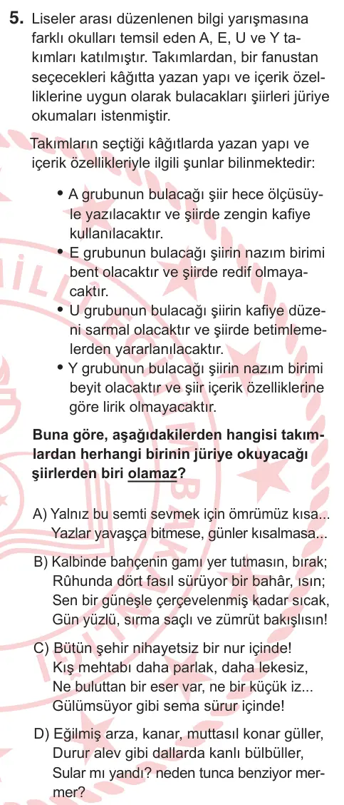 9, 10. Sınıf Türk Dili ve Edebiyatı 2026 İOKBS Bursluluk Sınavı 5. Soru görseli