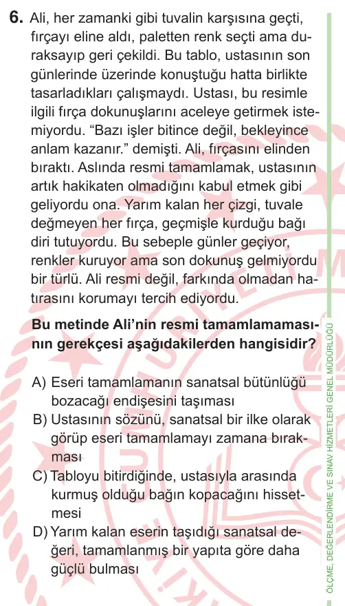 9, 10. Sınıf Türk Dili ve Edebiyatı 2026 İOKBS Bursluluk Sınavı 6. Soru görseli