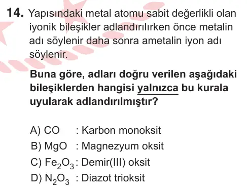 9, 10. Sınıf Fen Bilimleri 2026 İOKBS Bursluluk Sınavı 14. Soru görseli