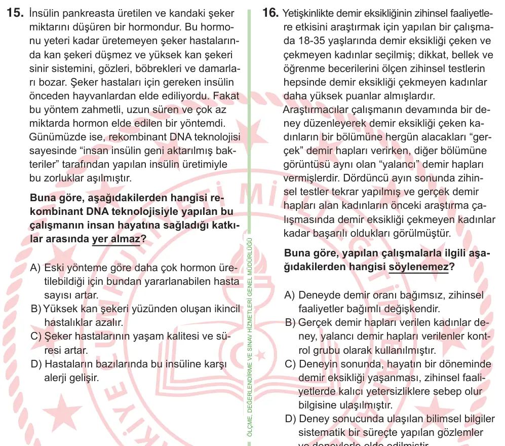 9, 10. Sınıf Fen Bilimleri 2026 İOKBS Bursluluk Sınavı 15. Soru görseli