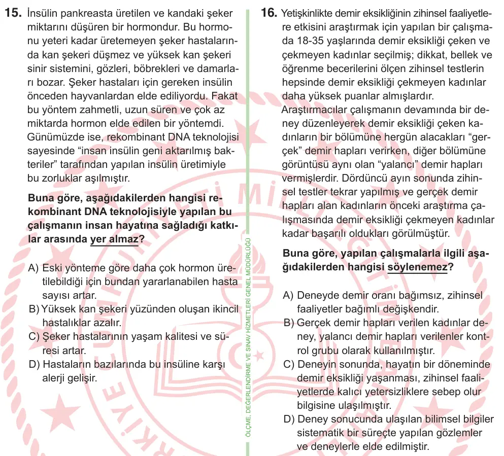 9, 10. Sınıf Fen Bilimleri 2026 İOKBS Bursluluk Sınavı 16. Soru görseli